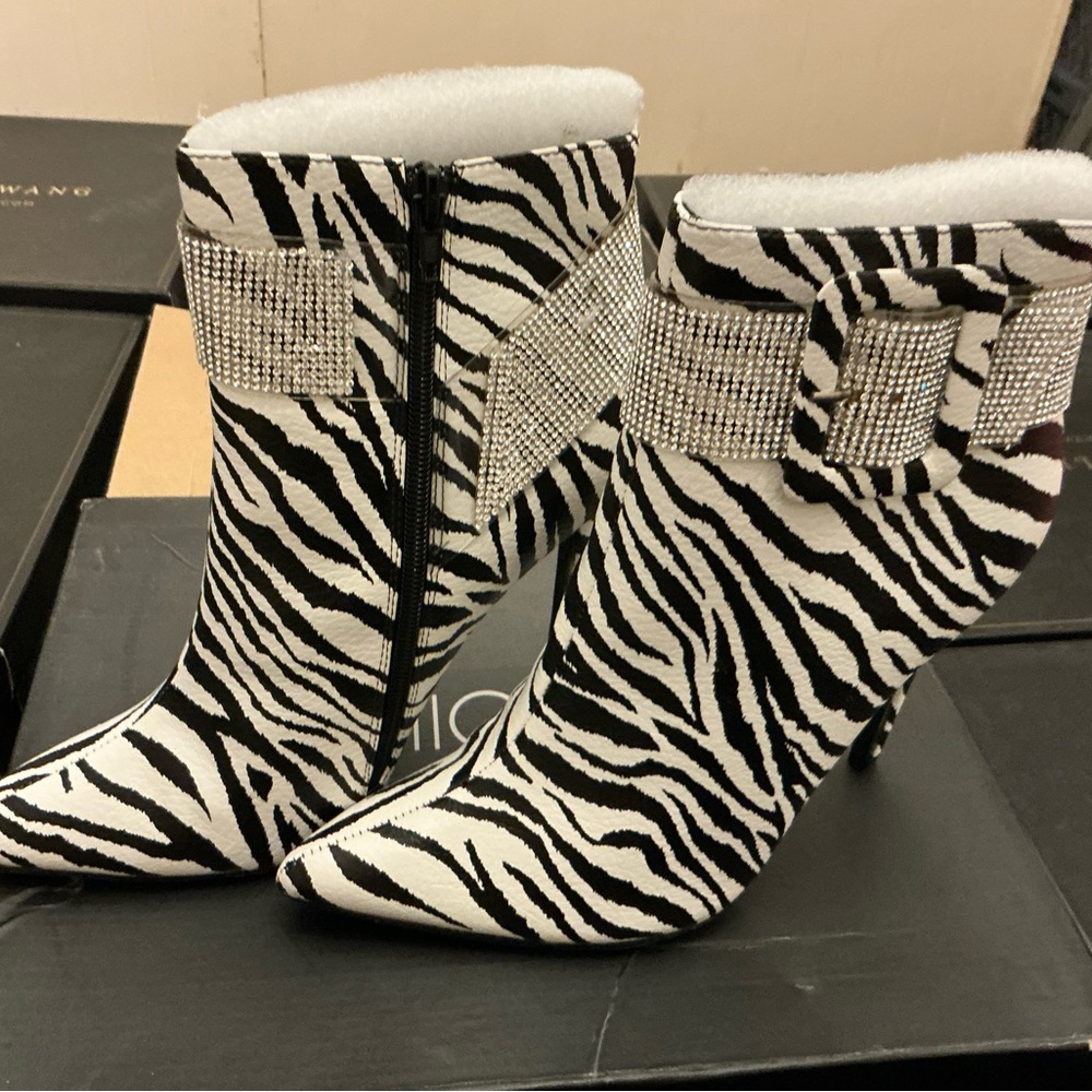 Fashion Nova Zebra Print Heeled Boots with Rhinestones